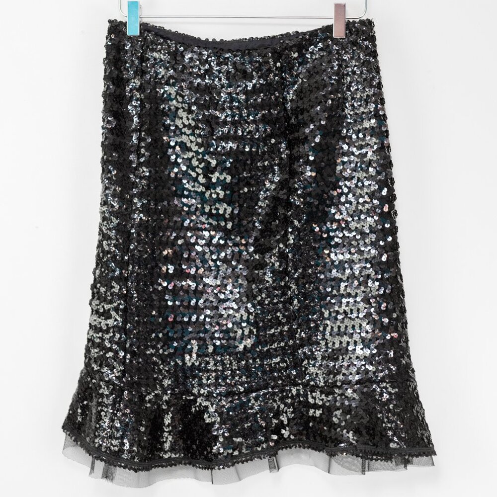 Nanette Lepore Sequin Skirt Tulle Hem Mermaid Midi Evening Black Size 6 - Picture 2 of 6